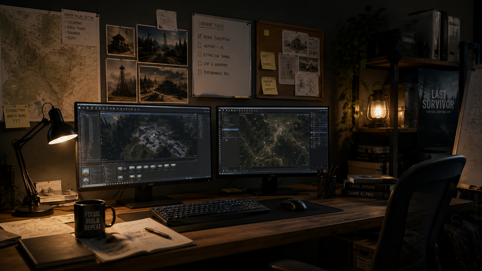 Small independent studio workspace with monitors and map boards
